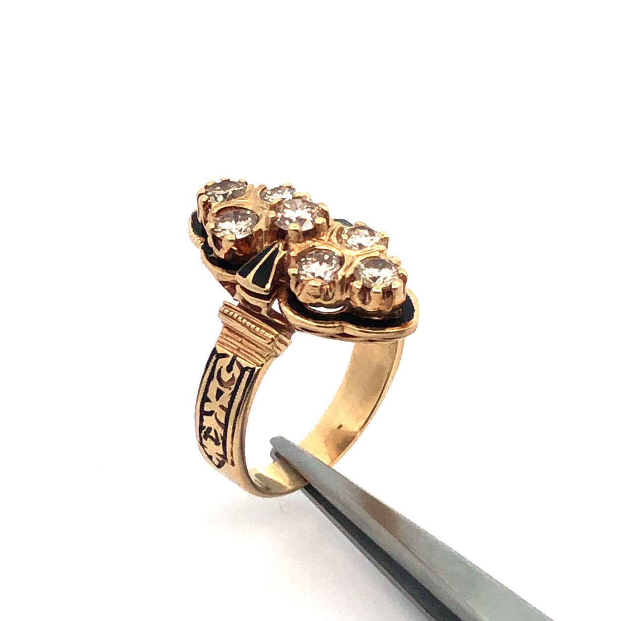 Art Deco 14K Yellow Gold Black Enamel Round Diamond Floral Scroll Statement Ring