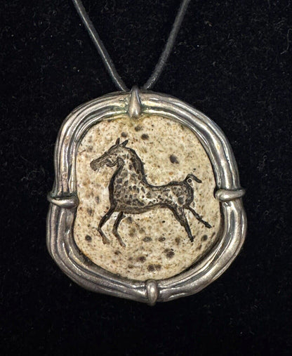 Vintage Sterling Silver Stone Carved Horse Statement Pendant Leather Necklace