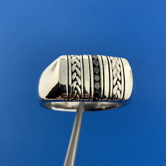 925 Sterling Silver Black Diamond Basket Weave Rectangle Mens Dome Ring