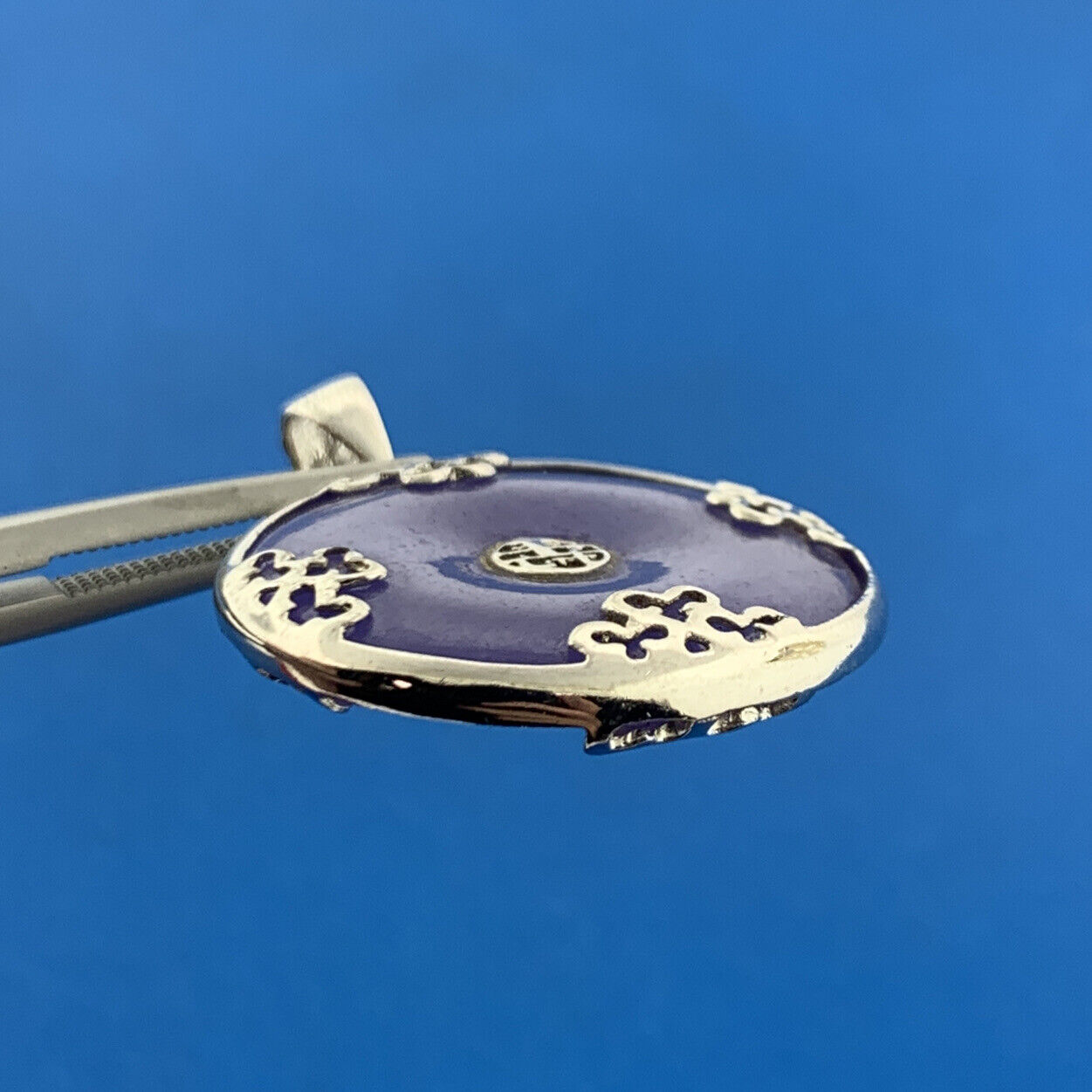 Chinese Export 925 Sterling Silver Lavender Long Life Statement Disc Pendant
