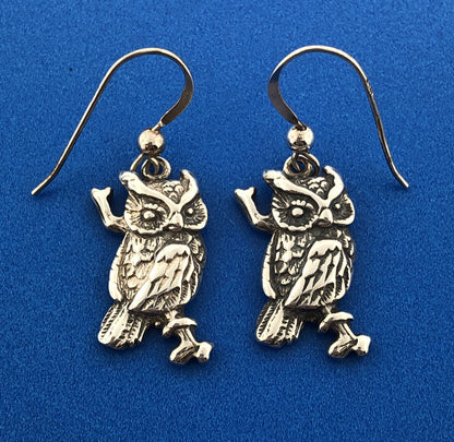 Stunning Sterling Silver 925 Detailed Night Owl Bird Dangle Hook Earring