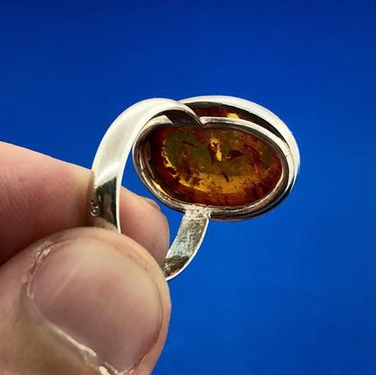 Designer Hallmarked 925 Sterling Silver Baltic Amber Oval Cabochon Fashion Ring
