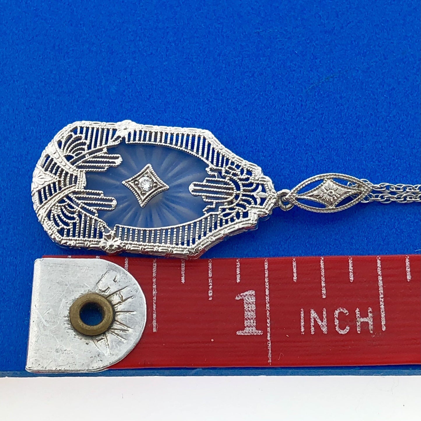 Vintage MSCo 14K White Gold Diamond Carved Art Glass Filigree Pendant Necklace