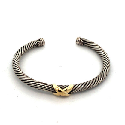 David Yurman 925 Sterling Silver 14K Gold Station Single X Cable Cuff Bracelet