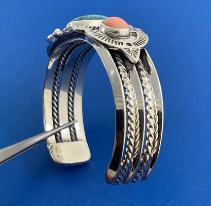 Designer REVE 925 Sterling Silver Turquoise Coral Statement Open Cuff Bracelet