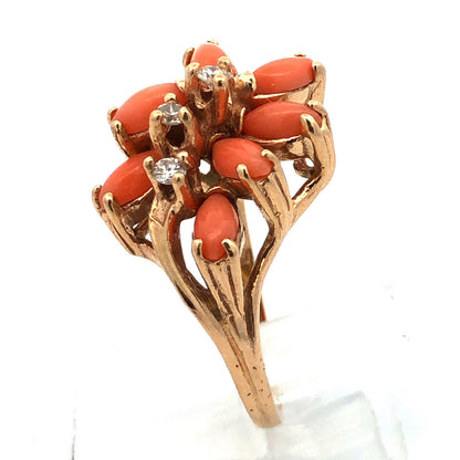 Designer 14K Yellow Gold Pink Coral Diamond Statement Cocktail Ring