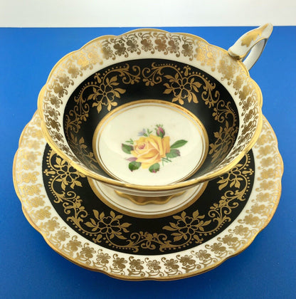 Royal Stafford English Bone China Yellow Rose Black Gold Floral Tea Cup/Saucer