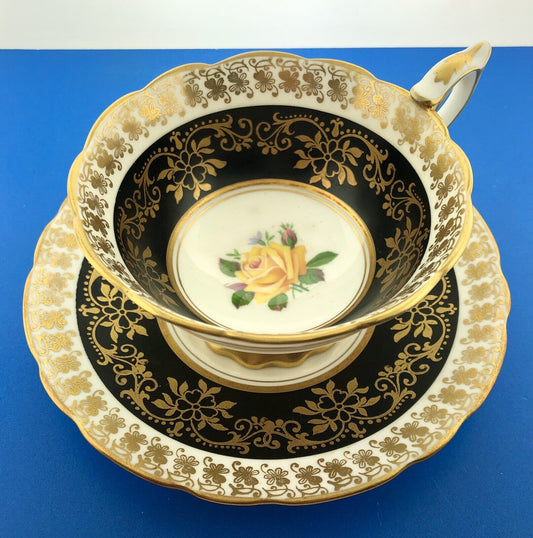 Royal Stafford English Bone China Yellow Rose Black Gold Floral Tea Cup/Saucer