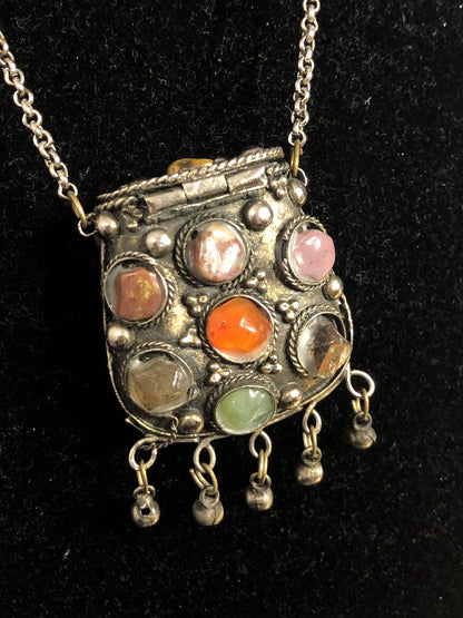 Vintage Sajai Metal Mixed Gemstone Silver Tone Prayer Box Coin Purse Necklace