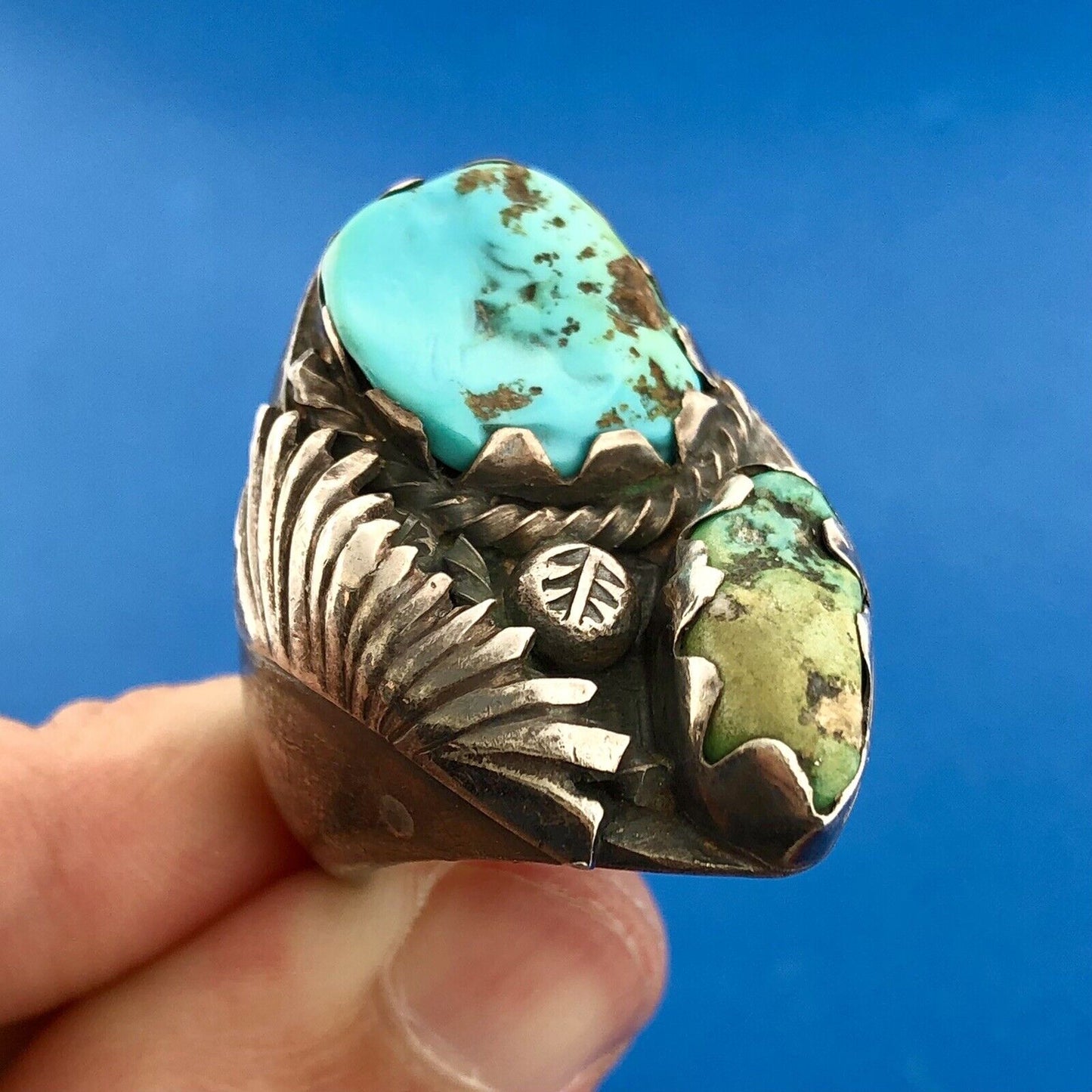 Navajo P Padilla Signed 925 Sterling Silver Chunky Green Blue Turquoise Ring