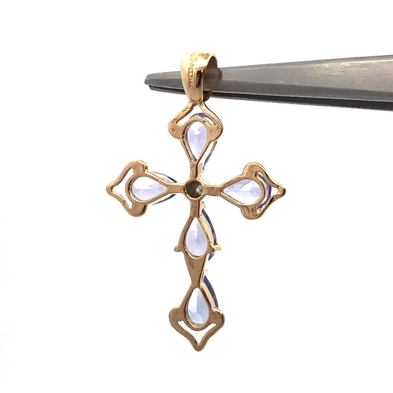 Designer Mexico 14K Yellow Gold Pear Tanzanite Diamond Accent Cross Pendant