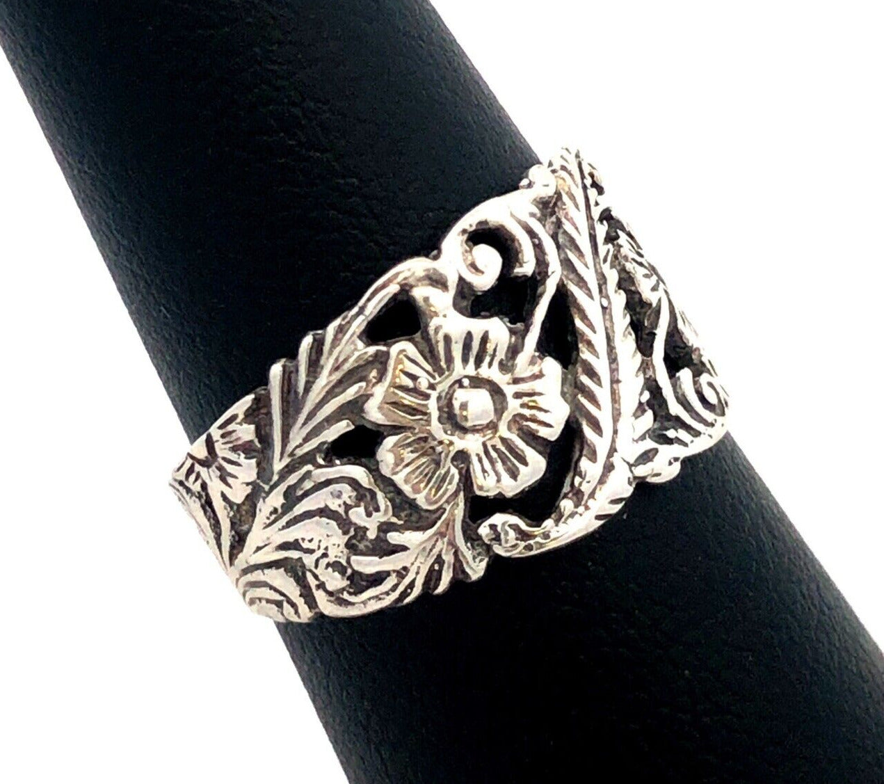 Estate 925 Sterling Silver Floral Flower Vines Nature Open Work Wide Band Ring