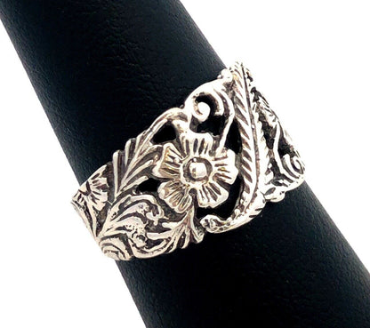 Estate 925 Sterling Silver Floral Flower Vines Nature Open Work Wide Band Ring