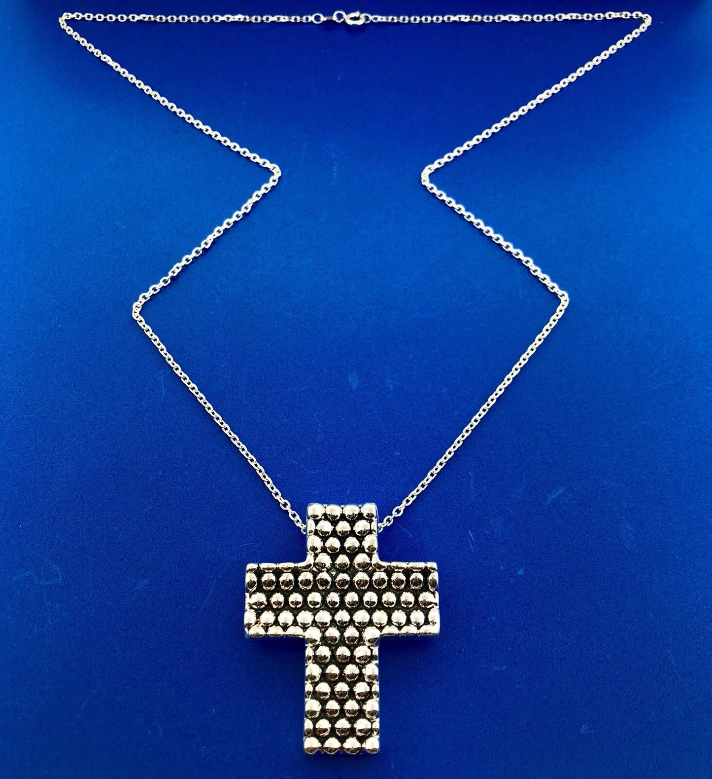 Sterling Silver 925 Intaglio Beaded Cross Religious Communion Pendant Necklace