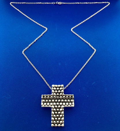 Sterling Silver 925 Intaglio Beaded Cross Religious Communion Pendant Necklace