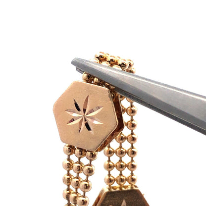 Estate 18K Yellow Gold Beaded Link Chain Hexagon Flower Design Station Bracelet