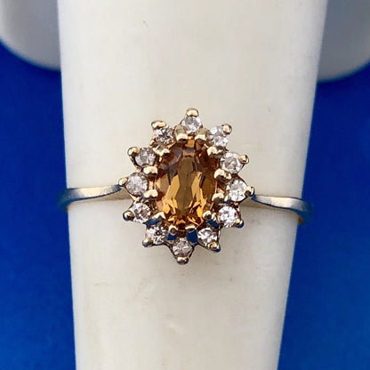 Vintage 10K Yellow Gold Oval Citrine Diamond Halo Engagement Cocktail Ring