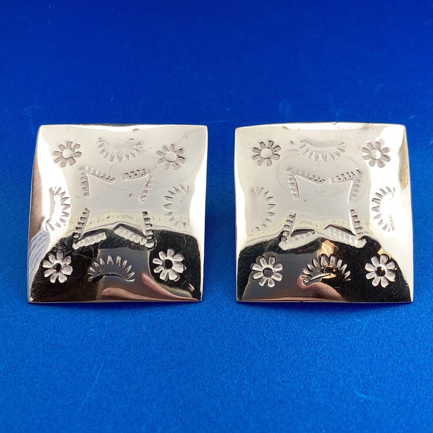 Taxco 925 Sterling Silver Urban Cowboy Square Stamped Statement Stud Earrings