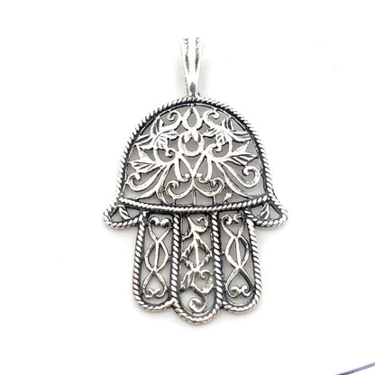 925 Sterling Silver Open Floral Scroll Hamsa Hand Of Fatima Pendant
