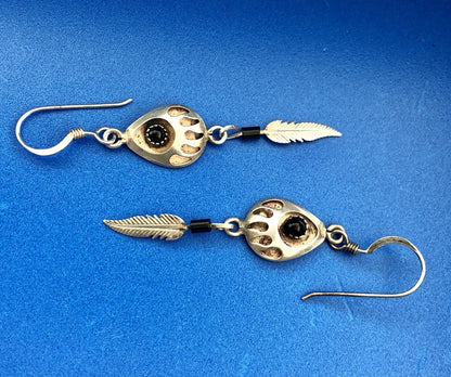 Estate Native American Sterling Silver Black Onyx Bear Paw Feather Drop Earrings