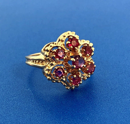 Perfect 14K Yellow Gold Ruby Flower Cluster July Anniversary Sweetheart Ring