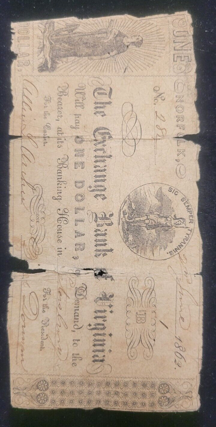 1862 $1 Exchange Bank of Virginia, Norfolk, VA Obsolete Currency Bank Note