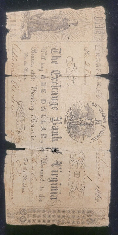1862 $1 Exchange Bank of Virginia, Norfolk, VA Obsolete Currency Bank Note