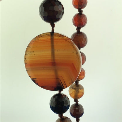 Vintage Designer Hand Knotted Carnelian Obsidian Agate Beaded Statement Necklace