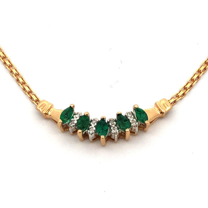 Designer 14K Yellow Gold Marquise Emerald Round Diamond Anniversary Necklace