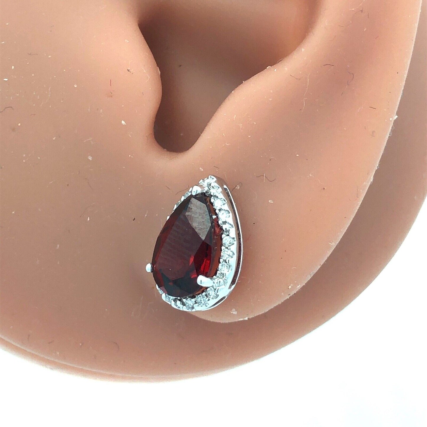Designer 14K White Gold Pear Garnet Diamond Halo Statement Stud Earrings