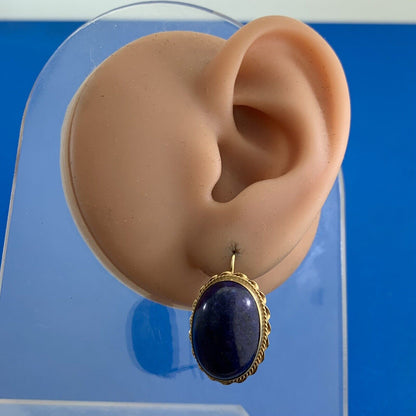 Vintage 14K Yellow Gold Lapis-Lazuli Oval Cabochon Statement Drop Stud Earrings