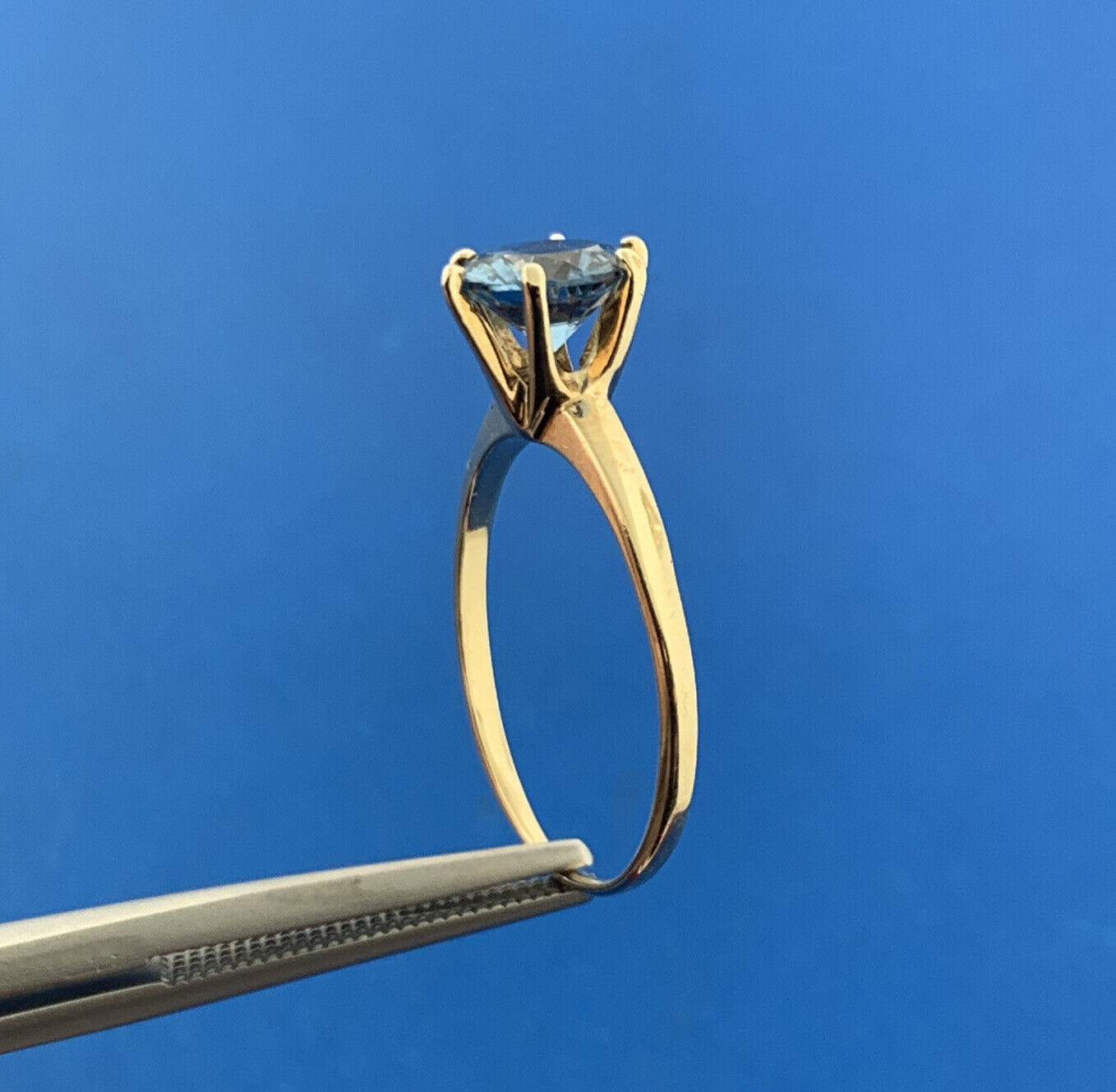 Designer 10K Yellow Gold Aquamarine Solitaire March Anniversary Ring