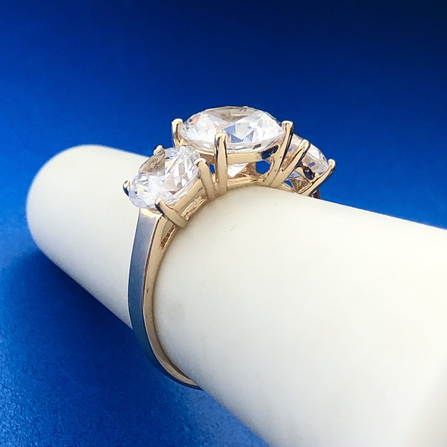Stunning 14K Yellow Gold Cubic Zirconia CZ Round Trio Statement Engagement Ring