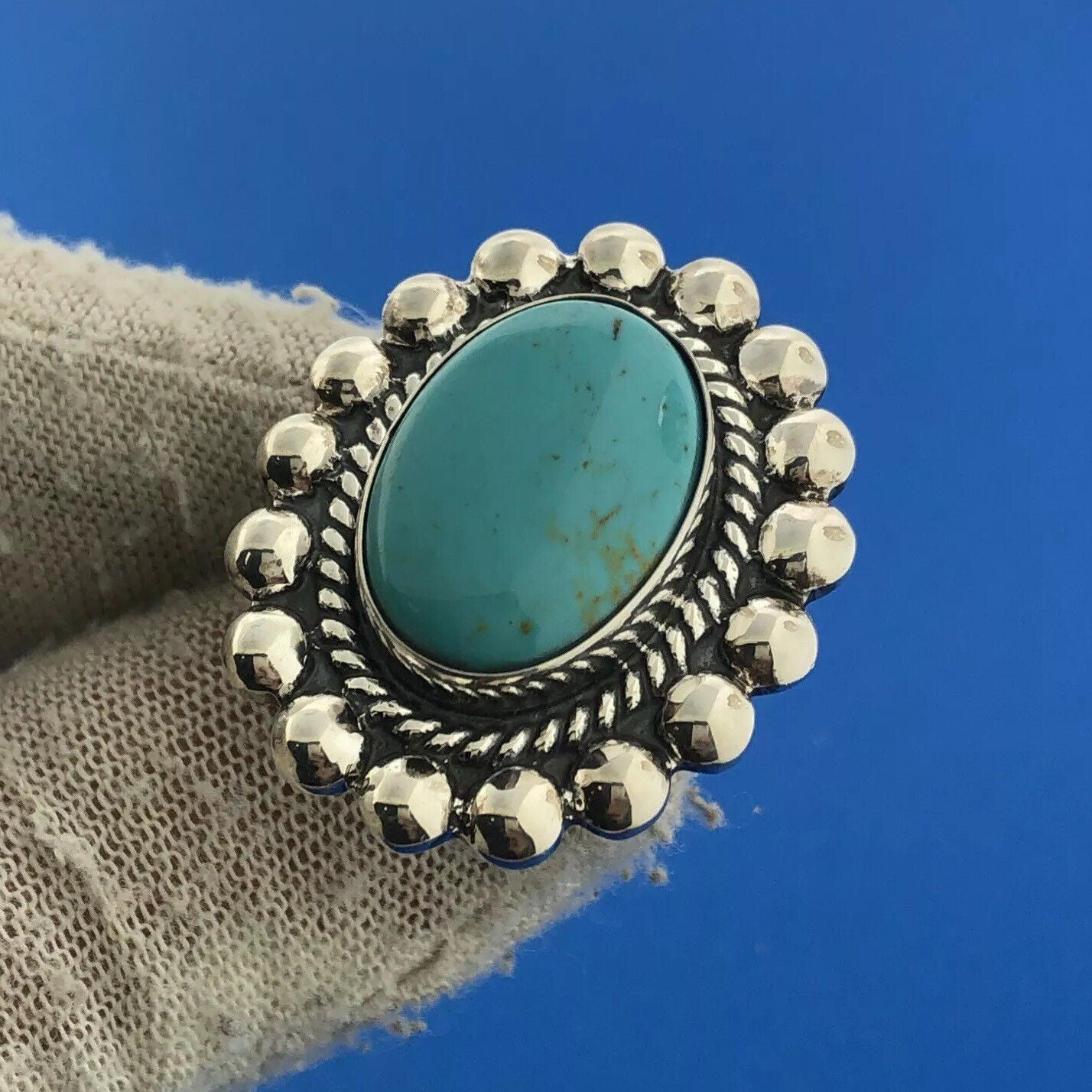 MWS Mexican Sterling Silver 925 Oval Cabochon Turquoise Statement Ring Size 6