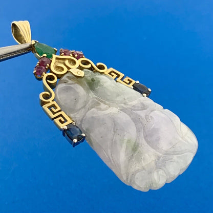 Gorgeous 18k Yellow Gold Carved White Jade Emerald Ruby Sapphire Dangle Pendant