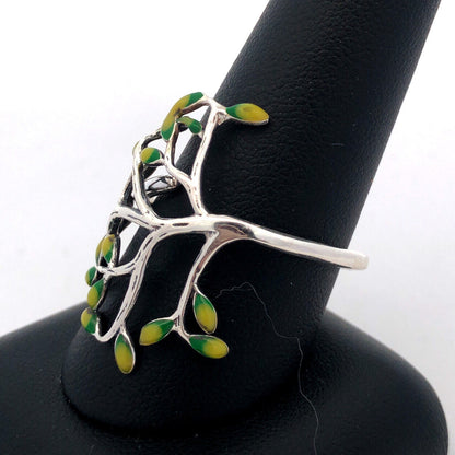 925 Sterling Silver Vintage Green Enamel Tree Of Life Leaves Nature Ring