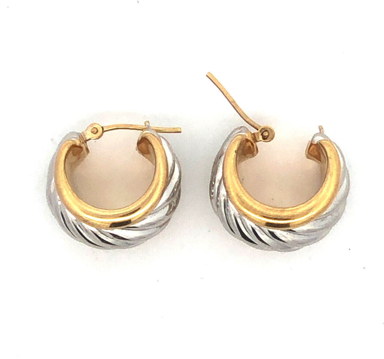Designer Israel 14K Yellow White Gold Ribbed Two Tone Wide Huggie Hoop Earrings