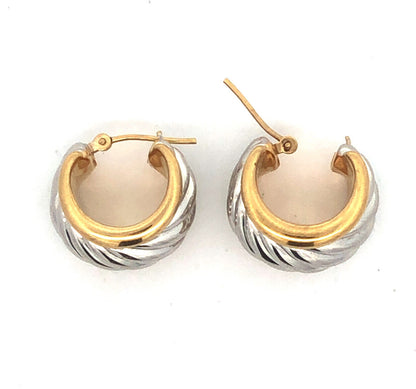 Designer Israel 14K Yellow White Gold Ribbed Two Tone Wide Huggie Hoop Earrings