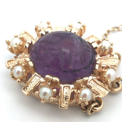 Estate 14K Yellow Gold Oval Carved Amethyst Scarab Pearl Slide Bracelet Clasp