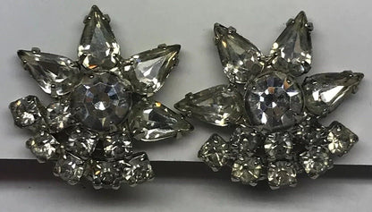 Vintage Art Deco Crystal Rhinestone Flower Cluster Bridal Cocktail Clip Earrings