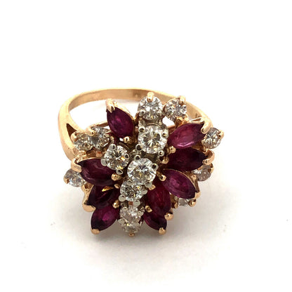 14K Yellow Gold Marquise Ruby Diamond Cluster Waterfall Ring