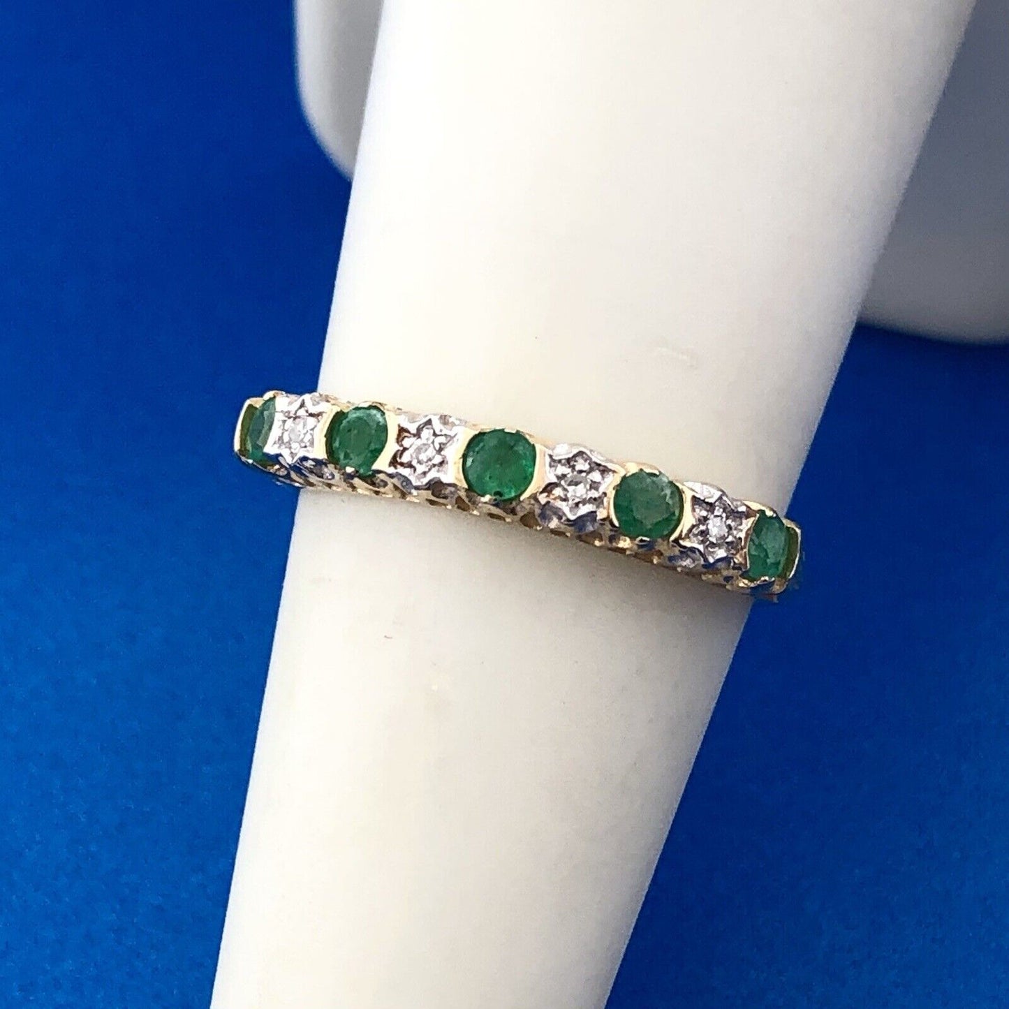 Designer 14K Yellow Gold Emerald Diamond May Anniversary Eternity Band Ring