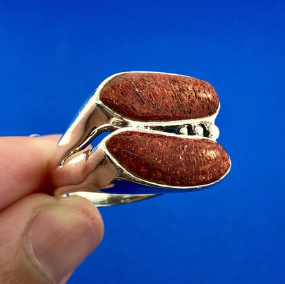 Designer CSX 925 Sterling Silver Red Coral Free Form Statement Double Dome Ring
