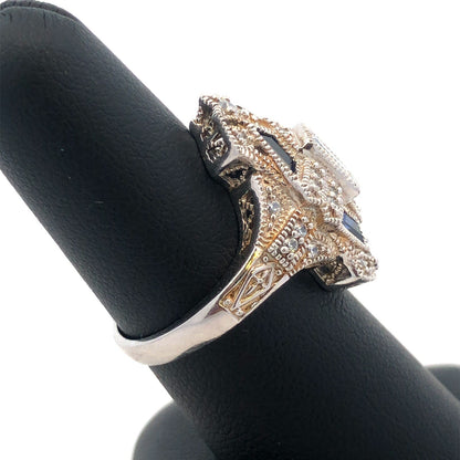 Art Deco Style 925 Sterling Silver Cubic Zirconia Blue Spinel Statement Ring