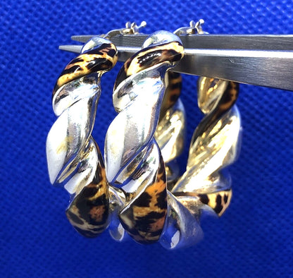 925 Sterling Silver Cheetah Print Enamel Twist Statement Hoop Earrings