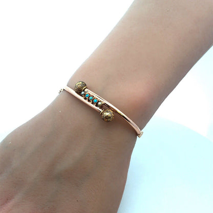 Vintage 10K Rose Gold Turquoise Pearl Textured Bypass Hinged Bangle Bracelet