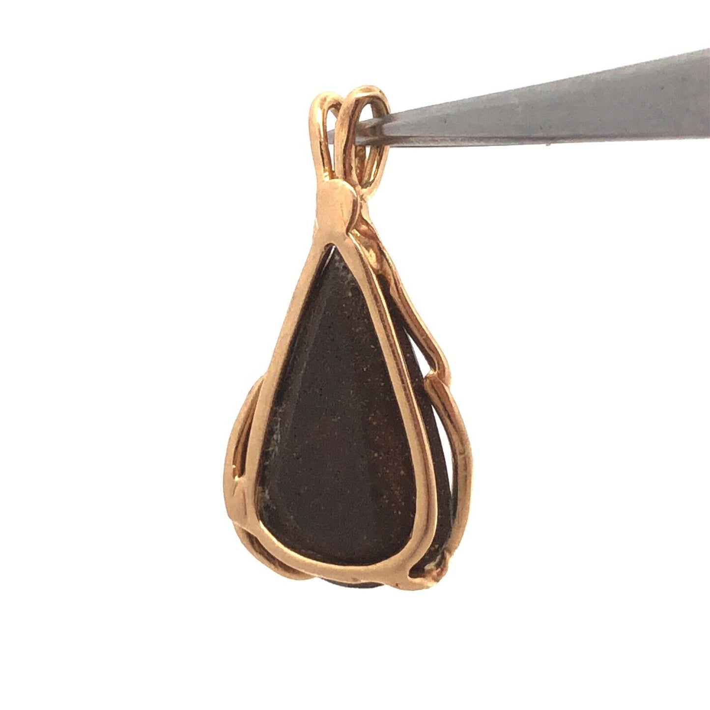 Estate 14K Yellow Gold Teardrop Blue Opal Wire Wrapped Modernist Pendant
