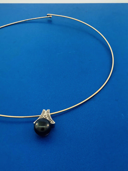 Retro 10K White Gold Black Tahitian Pearl Diamond Slide Charm Pendant