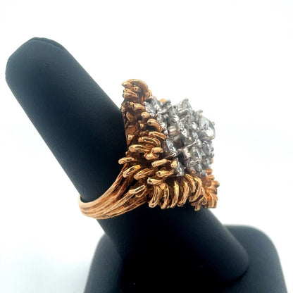 Vintage 14K Yellow Gold Diamond Waterfall Cluster Statement Cocktail Ring