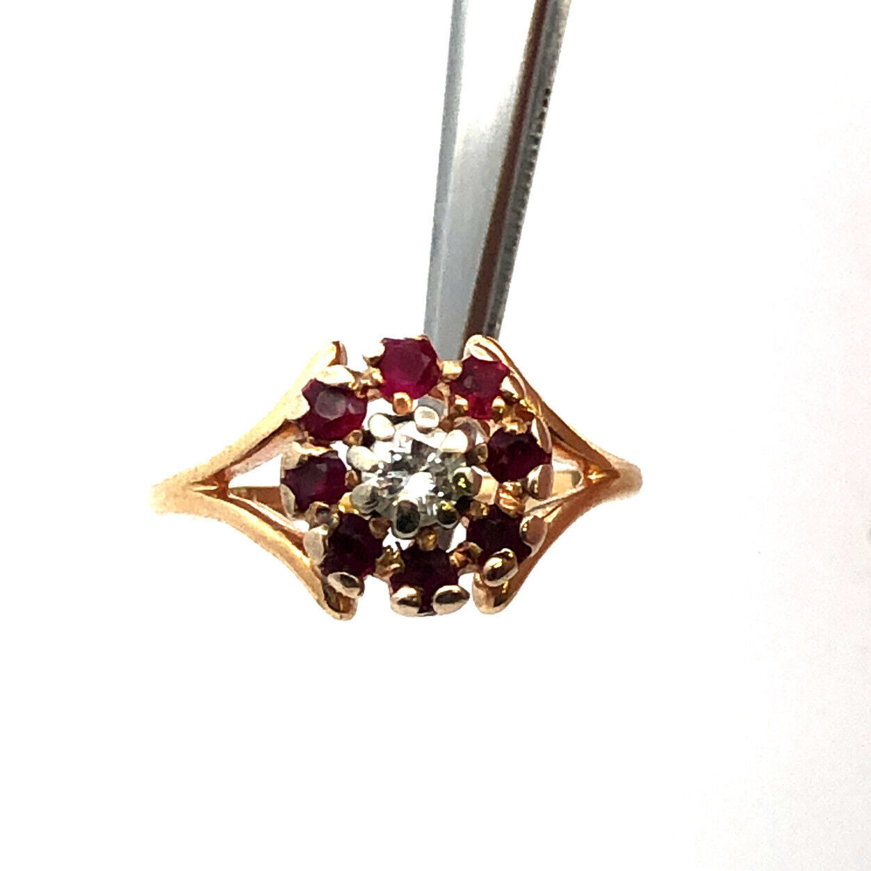 Designer 14K Yellow Gold Diamond Ruby Floral Flower Cocktail Ring